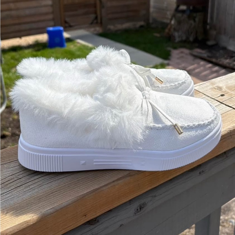 Chic White Faux Fur Slip-On Shoes